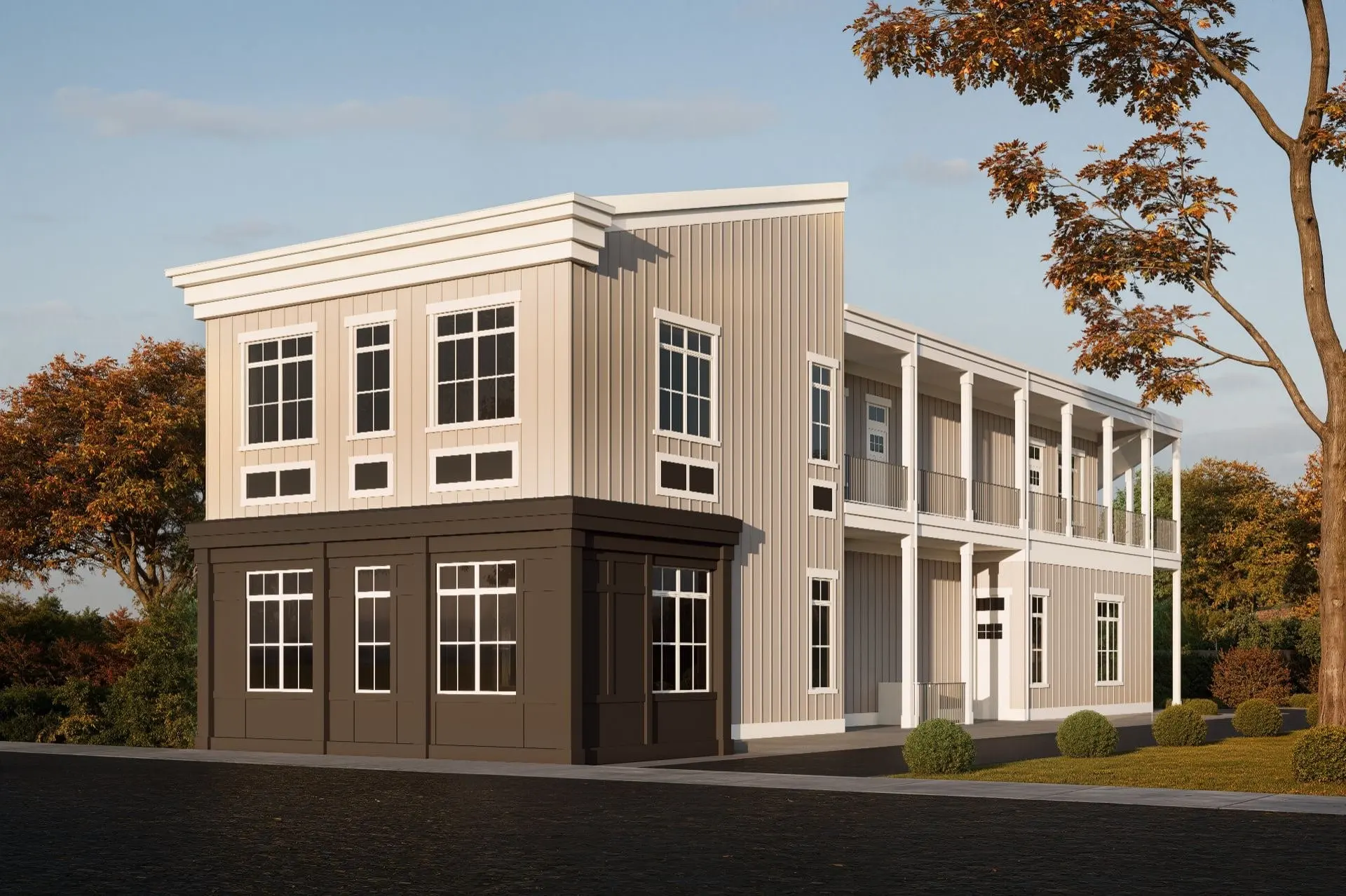 Rendering of the two-story apartment building at 4819 Whetsel Avenue in Madisonville, with a dark base, cream siding and a long side porch