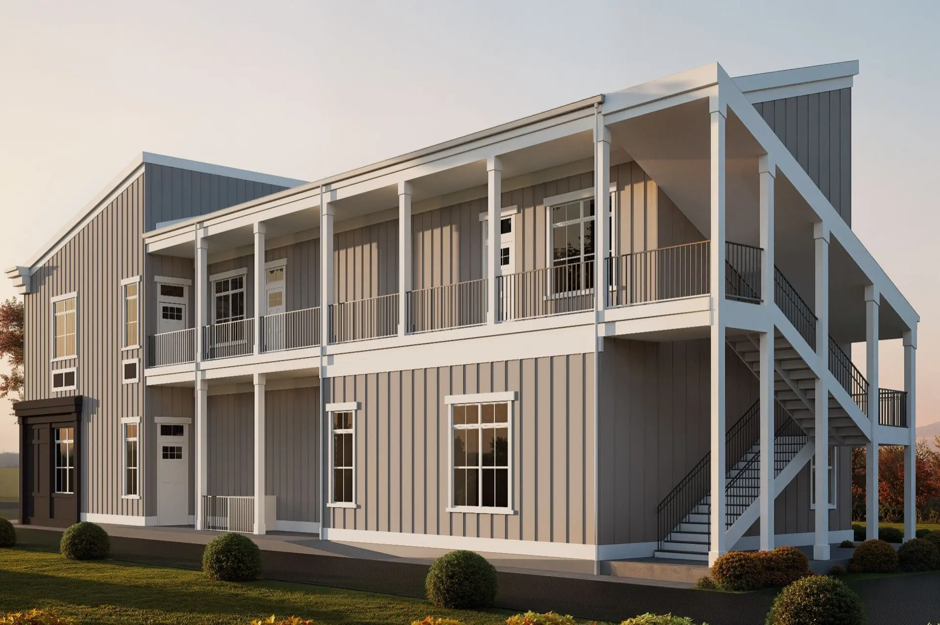 Rendering of 4819 Whetsel Avenue from the side, with grey board-and-batten siding, two levels of covered porches and an outside stair